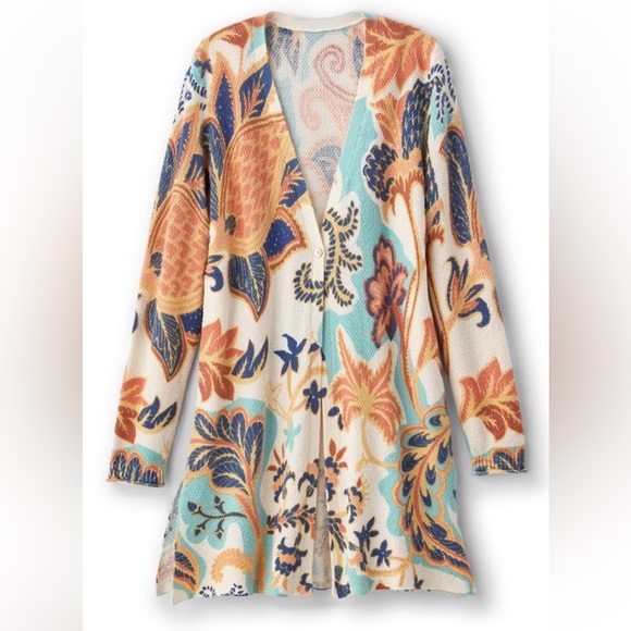 Soft Surroundings Marin Cardigan Chambray Paisley Midi Waffle Sweater Size S - Picture 3 of 8